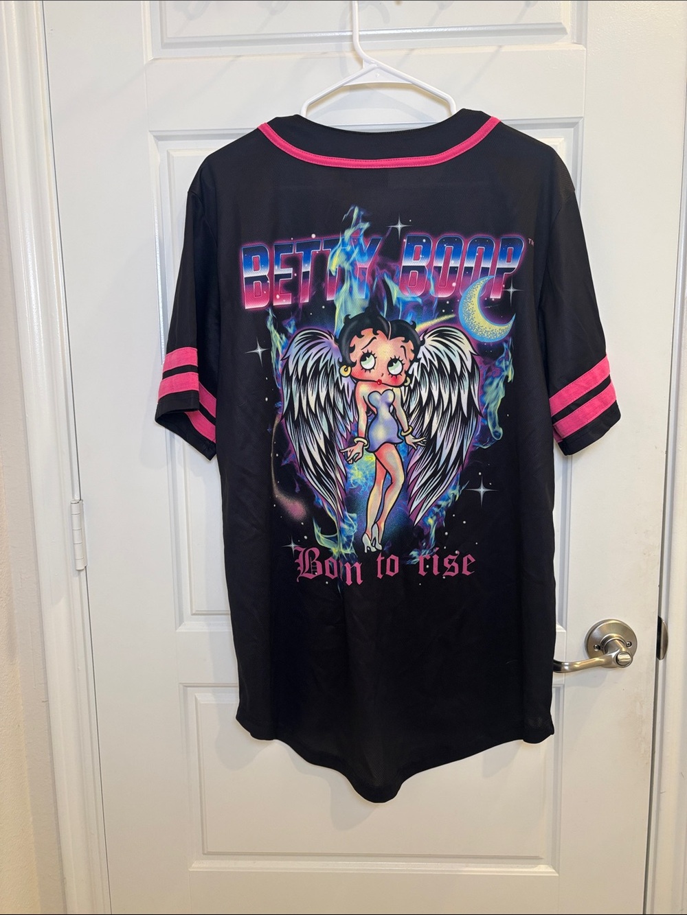 Betty Boop Angel Wings Baseball Jersey Black Pink XL Button Front